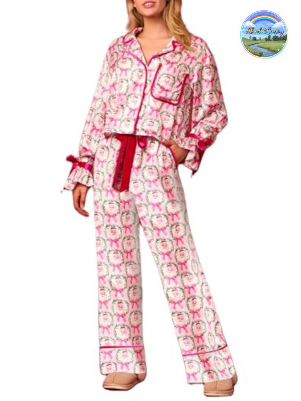 Women's Christmas Pajama Set Bow Tie Long Sleeve Shirt Pants Satin Silk 2 Piece